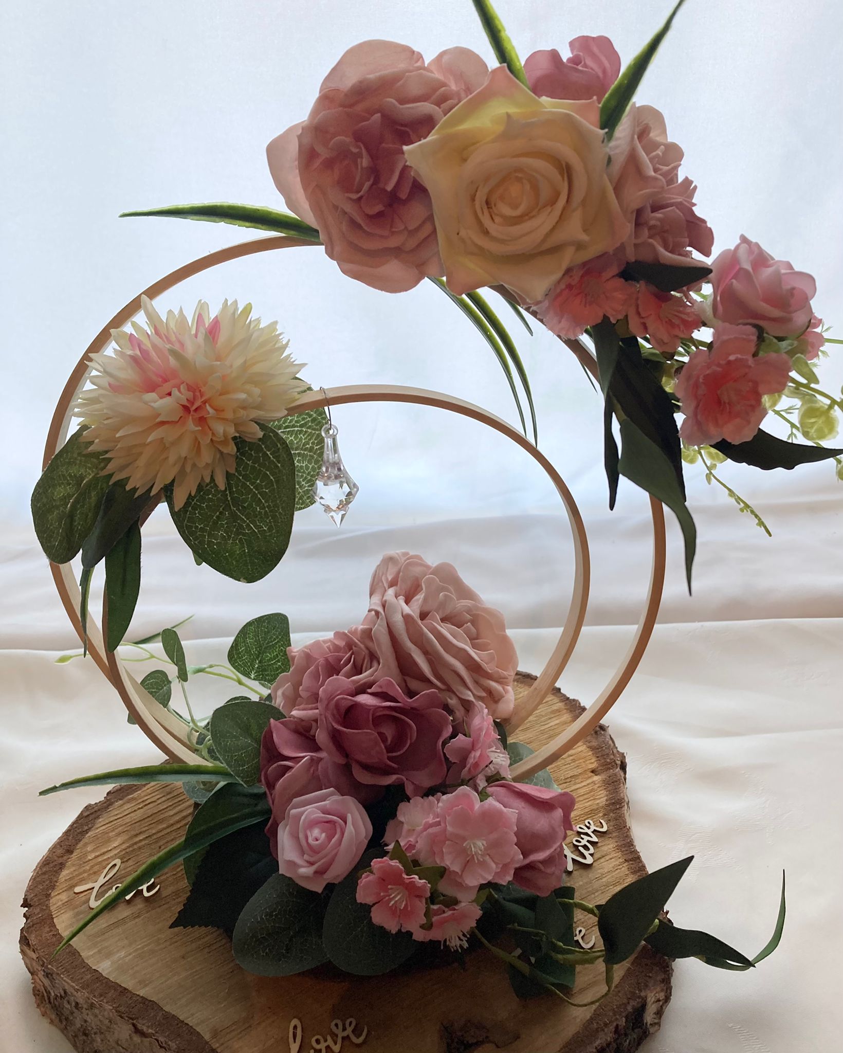 Wedding decoration wooden hoop centrepiece with pink roses